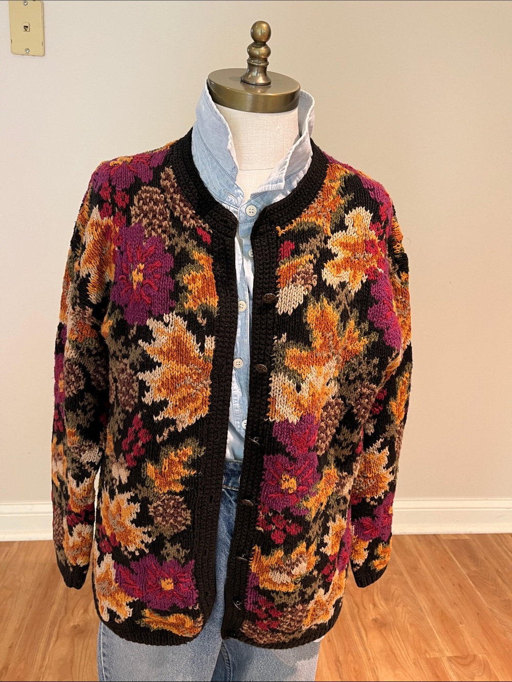 Signatures by Northern Isles hand knit cotton blend fall floral cardigan M/L